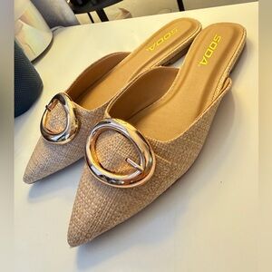 SODA Beige Woven Pointed-Toe Slip-On Mules with Gold Buckle